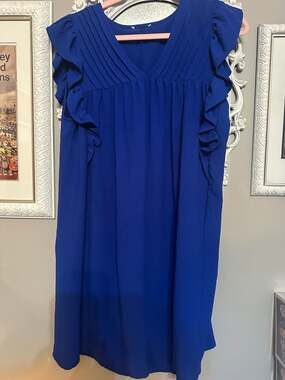 Umgee V-Neck Shift Dress with Ruffle Sleeves in Cobalt Blue